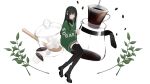 1girl absurdres bangs black_footwear black_hair black_legwear black_sweater blush boots closed_mouth clothes_writing coffee coffee_beans cup full_body green_eyes green_sweater hair_ornament hairclip highres holding holding_cup ktym_777 long_hair long_sleeves mug original simple_background solo spoon sugar_cube sweater thigh-highs turtleneck turtleneck_sweater white_background wide_sleeves 