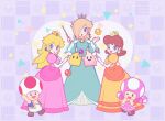  1boy 4girls aqua_dress blonde_hair brown_hair crown dress elbow_gloves gloves hair_over_one_eye heart luma_(mario) super_mario_bros. mayuzumi multiple_girls one_eye_closed open_mouth parted_lips pink_dress princess_daisy princess_peach puffy_short_sleeves puffy_sleeves rosalina short_sleeves smile star_(symbol) super_mario_bros. super_mario_galaxy super_mario_land toad toadette triangle twitter_username wand white_gloves wide_sleeves yellow_dress 