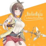  1girl atelier_(series) atelier_ryza breasts brown_hair cowboy_shot hat holding holding_staff large_breasts red_shorts reisalin_stout short_shorts shorts solo staff tsumugi_1210 yellow_background yellow_eyes 