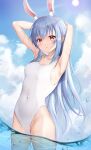  1girl absurdres animal_ears armpits arms_behind_head blue_hair blue_sky clouds covered_navel day eyebrows_visible_through_hair hair_down highres hololive long_hair looking_at_viewer one-piece_swimsuit partially_submerged rabbit_ears red_eyes sky solo sun sunlight swimsuit thick_eyebrows thighs usada_pekora utekiro virtual_youtuber wet wet_clothes white_swimsuit 