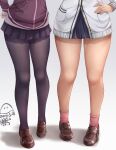  2girls brown_footwear hand_on_hip legs lower_body miniskirt multiple_girls pantyhose peng_peng red_legwear shinjou_akane shoes signature simple_background skirt ssss.gridman takarada_rikka thighs white_background 