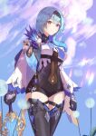  1girl blue_hair blue_sky bodystocking breasts cape clouds cloudy_sky dandelion eula_lawrence flower genshin_impact gloves hairband highres holding holding_sword holding_weapon lan_qiandai leotard long_sleeves necktie sky solo sword thigh-highs violet_eyes weapon wide_sleeves 