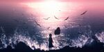  1girl backlighting balloon bird blurry blurry_foreground dress from_behind highres holding holding_balloon horizon looking_afar ocean original reflection scenery short_hair silhouette skyrick9413 solo sunlight sunset waves 