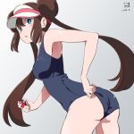  1girl alternate_costume armpit_peek artist_logo ass bare_legs blue_eyes blush breasts brown_hair commentary cowboy_shot dated double_bun grey_background hair_between_eyes highres holding holding_poke_ball long_hair looking_at_viewer medium_breasts miyahara_takuya open_mouth pink_headwear poke_ball poke_ball_(basic) pokemon pokemon_(game) pokemon_bw2 rosa_(pokemon) school_swimsuit simple_background sleeveless solo swimsuit thighs twintails visor_cap white_headwear 