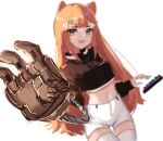  1girl :3 animal_ears bangs black_jacket blurry blurry_background brown_eyes cropped_jacket dayshiart english_commentary floating hair_ornament hairclip highres indie_virtual_youtuber jacket keyboard_(computer) long_hair mechanical_arms moofie_(vtuber) open_hand open_mouth shorts single_mechanical_arm solo thigh-highs tiger_ears tiger_girl very_long_hair virtual_youtuber white_background white_shorts 
