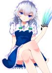  1girl arm_support bangs bare_legs between_fingers blue_dress blue_eyes blush bow braid breasts crossed_legs dress eyebrows_visible_through_hair feet_out_of_frame frills green_bow hair_between_eyes hair_bow hair_ribbon hand_up highres holding holding_knife iridescent izayoi_sakuya knife long_hair looking_at_viewer maid_headdress medium_breasts parted_lips puffy_short_sleeves puffy_sleeves ribbon short_sleeves side_braids silver_hair simple_background solo throwing_knife tomoe_(fdhs5855) touhou tress_ribbon twin_braids weapon white_background wing_collar 