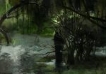  branch bush dark demon demon_horns fantasy foliage forest glowing glowing_eyes grass highres horns nao1524 nature original plant realistic scenery shadow tree water 