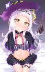  1girl bangs black_gloves blunt_bangs blush gloves gmkj grin hairband hat highres holding holding_wand hololive long_hair looking_at_viewer midriff murasaki_shion navel sitting skirt smile solo thigh-highs virtual_youtuber wand white_hair white_legwear witch_hat yellow_eyes 