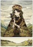  1girl 2020 absurdres baiguiyu black_clothes black_hair chinese_zodiac clouds earrings gold_earrings gold_trim green_eyes happy_new_year headwear highres jewelry looking_at_viewer necklace new_year original rat traditional_clothes year_of_the_rat 