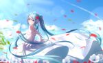  1girl absurdly_long_hair absurdres bangs blue_eyes blue_hair blue_sky clouds diadem dress eyebrows_visible_through_hair floating_hair flower from_side gloves hair_between_eyes hair_flower hair_ornament hatsune_miku highres hishiki_(pixi14719710) lens_flare long_dress long_hair looking_at_viewer parted_lips petals red_flower shiny shiny_hair sky sleeveless sleeveless_dress solo standing sunlight very_long_hair vocaloid white_dress white_flower white_gloves 