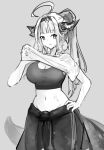  1girl absurdres ahoge bangs braid breasts dragon_girl dragon_horns dragon_tail eyebrows_visible_through_hair grey_background greyscale hairband hand_on_hip highres hololive horns kiryu_coco large_breasts long_hair looking_at_viewer lyrinne midriff monochrome navel pointy_ears ponytail shirt_lift simple_background sketch solo sports_bra standing sweat tail virtual_youtuber 