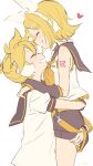  1boy 1girl arm_warmers arms_around_waist bangs bare_shoulders belt black_collar black_shorts black_sleeves blonde_hair bow closed_eyes collar collared_shirt commentary from_side grin hair_bow hair_ornament hairclip hands_on_shoulders heart highres hug kagamine_len kagamine_rin lifting_another m0ti neckerchief sailor_collar school_uniform shirt short_hair short_ponytail short_shorts short_sleeves shorts shoulder_tattoo sleeveless sleeveless_shirt smile spiky_hair swept_bangs tattoo twitter_username upper_body vocaloid white_background white_bow white_shirt yellow_neckwear 