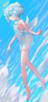  1girl absurdres angel bangs bare_shoulders barefoot blue_background blue_dress blue_sky blue_theme breasts clouds commentary_request day dress eyebrows_visible_through_hair feathered_wings feet frilled_dress frills from_side green_eyes halo highres jpeg_artifacts kaede_(shijie_heping) midair open_mouth original outdoors profile see-through short_dress short_hair sideboob sidelocks sky sleeveless sleeveless_dress small_breasts solo white_hair white_wings wings 