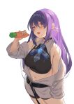  1girl absurdres breasts carrot cropped_legs eyebrows_visible_through_hair fang food head_tilt highres holding holding_food holding_vegetable hololive hololive_indonesia jacket jewelry jmao large_breasts leaning_back long_hair looking_at_viewer midriff moona_hoshinova navel open_mouth purple_hair single_earring smile solo v-shaped_eyebrows vegetable violet_eyes virtual_youtuber white_background white_jacket 