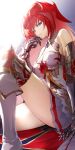  1girl absurdres aiu_eo armored_boots bare_shoulders blue_eyes boots detached_collar gauntlets godguard_brodia granblue_fantasy hair_ornament highres long_hair looking_at_viewer redhead skirt solo thighs very_long_hair white_skirt 