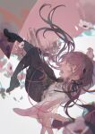  1girl black_bow black_footwear black_neckwear black_skirt boots bow brown_hair collar_x_malice falling fanart floating_hair flower hair_bow highres hoshino_ichika long_hair necktie open_mouth pantyhose pink_flower rd_chet skirt solo 