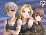  3girls alisa_(girls_und_panzer) american_flag bangs blonde_hair blue_eyes brown_eyes brown_hair bubble_blowing chewing_gum collarbone crossed_arms datenshi_p dog_tags emblem fingerless_gloves frown girls_und_panzer gloves green_eyes hand_on_hip highres kay_(girls_und_panzer) light_brown_hair long_hair looking_to_the_side multiple_girls naomi_(girls_und_panzer) parted_bangs saunders_(emblem) saunders_military_uniform short_hair smile tank_top twitter_username two_side_up upper_body 