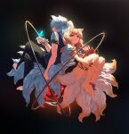  absurdres animal_ears bell black_background black_pants blue_butterfly bug butterfly eight-tailed_fox_nari flower fox_boy fox_ears fox_girl fox_tail grey_eyes grey_hair guardian_tales highres hong_do insect leg_ribbon multiple_tails multiple_views nine_tailed_fox_garam orange_hair orb pants ribbon simple_background tail 