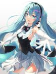  1girl :d absurdres armpits bangs black_bow black_hairband black_neckwear black_vest blue_eyes blue_hair bow cowboy_shot elbow_gloves floating_hair gloves hair_between_eyes hair_bow hairband hatsune_miku highres htt_(peaceskl) huge_filesize long_hair looking_at_viewer miku_symphony_(vocaloid) miniskirt open_mouth outstretched_arms pleated_skirt shiny shiny_hair shirt simple_background skirt sleeveless sleeveless_shirt smile solo standing thigh-highs twintails very_long_hair vest vocaloid white_background white_gloves white_legwear white_shirt white_skirt zettai_ryouiki 