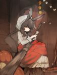  1girl absurdres animal_ears apple bangs basket beamed_eighth_notes black_hair blush broom commentary_request eighth_note eyebrows_visible_through_hair food fruit grey_shirt highres holding holding_broom long_hair long_sleeves looking_away musical_note orange_eyes original parted_lips pumpkin rabbit_ears red_apple red_skirt shirt short_eyebrows sitting skirt solo thick_eyebrows u_(rat3333) very_long_hair whistling 