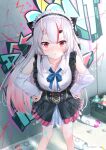  1girl blush bottle bow breasts closed_mouth detached_sleeves frills graffiti highres hololive horns inaka_44 japanese_clothes looking_at_viewer maid_headdress nakiri_ayame nose_blush oni oni_horns paint_on_body pleated_shirt pout skirt spray_bottle spray_paint virtual_youtuber 