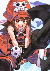  1girl anchor animal bangs bare_shoulders black_gloves brown_eyes brown_hair buckle dolphin fingerless_gloves gloves guilty_gear guilty_gear_xrd hair_between_eyes hat highres holding holding_weapon hoop long_hair may_(guilty_gear) open_mouth orange_headwear otsudou skull_and_crossbones smile solo teeth water weapon 