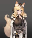  animal_ear_fluff animal_ears arknights blonde_hair blue_eyes blush coat finger_to_mouth highres horse_ears horse_girl horse_tail long_hair looking_at_viewer myomu skirt tail whislash_(arknights) 