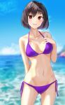  absurdres arm_behind_back ass_visible_through_thighs bangs bikini blue_sky blurry blurry_background blush bob_cut breasts buta5813 collarbone commentary cowboy_shot hair_between_eyes hand_on_own_chest highres huge_filesize looking_at_viewer medium_breasts navel ocean original parted_lips purple_bikini red_eyes short_hair side-tie_bikini signature sky smile swimsuit swimwear thigh_gap wading yandere 