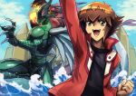  2boys arm_up black_shirt brown_eyes brown_hair clenched_hand deadspike_nine duel_academy_uniform_(yu-gi-oh!_gx) duel_monster elemental_hero_flame_wingman feathered_wings fire green_eyes highres jacket long_sleeves male_focus multicolored_hair multiple_boys open_clothes open_jacket open_mouth red_eyes red_jacket shirt single_wing two-tone_hair water waves wings yu-gi-oh! yu-gi-oh!_gx yuuki_juudai 
