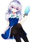  1girl arm_support bangs between_fingers black_legwear blue_dress blue_eyes blush bow braid breasts crossed_legs dress eyebrows_visible_through_hair feet_out_of_frame frills green_bow hair_between_eyes hair_bow hair_ribbon hand_up highres holding holding_knife iridescent izayoi_sakuya knife long_hair looking_at_viewer maid_headdress medium_breasts pantyhose parted_lips puffy_short_sleeves puffy_sleeves ribbon short_sleeves side_braids silver_hair simple_background solo throwing_knife tomoe_(fdhs5855) touhou tress_ribbon twin_braids weapon white_background wing_collar 