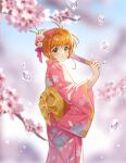  1girl absurdres antenna_hair blurry blurry_foreground cardcaptor_sakura closed_mouth fan floral_print flower from_side green_eyes hair_flower hair_ornament hairpin highres holding holding_fan japanese_clothes kimono kinomoto_sakura looking_at_viewer maoshinian1 obi orange_hair pink_flower pink_kimono print_kimono sash shiny shiny_hair short_hair_with_long_locks smile solo standing white_flower 