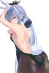  1girl animal_ears arm_up armpits ass back backless_leotard bare_back bare_shoulders black_gloves black_legwear black_leotard blue_hair blush breasts bunny-shaped_pupils bunny_tail from_behind fur-trimmed_gloves fur_trim gloves highres hikimayu hololive leotard long_hair looking_at_viewer looking_back masaya_tayo nape pantyhose playboy_bunny rabbit_ears rabbit_girl red_eyes short_eyebrows shoulder_blades simple_background small_breasts solo strapless strapless_leotard tail thick_eyebrows trefoil usada_pekora virtual_youtuber white_background 