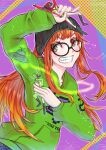  1girl action_figure arms_up beanie blush glasses green_hoodie hat holding holding_toy hood hoodie long_hair onihe8death orange_hair persona persona_5 persona_5_the_royal sakura_futaba simple_background smile teeth toy ufo 