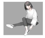  1girl black_hair black_pants border grey_background hair_behind_ear highres korean_commentary legi light_blush looking_down open_hand open_mouth original outside_border pants shoes short_hair sitting sneakers solo sweater white_border white_footwear white_sweater 