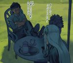  1boy 1girl black_dress butterfly_hair_ornament chair collared_shirt commentary_request crossed_arms cup dress echidna_(re:zero) feet_on_table flower hair_ornament head_rest highres iwamushi long_hair natsuki_subaru outdoors pants re:zero_kara_hajimeru_isekai_seikatsu shade shirt shoes short_hair silver_hair sitting sleeves_rolled_up table teacup teapot translation_request tray twitter_username umbrella vase 