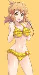  1girl bikini breasts brown_hair clenched_hands commentary_request contrapposto frilled_bikini frills jewelry looking_at_viewer medium_breasts mutsuki_riichi necklace open_mouth orange_eyes purple_hair senki_zesshou_symphogear short_hair simple_background solo swimsuit tachibana_hibiki_(symphogear) violet_eyes yellow_background yellow_bikini 