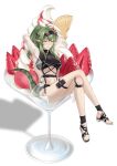  1girl absurdres antenna_hair arknights arms_up bangs bare_legs black_footwear blush breasts chinese_commentary commentary_request crocodilian_tail crossed_legs cup da_akana_xiv drinking_glass food gavial_(arknights) green_hair green_nails grin highres ice_cream long_hair looking_at_viewer medium_breasts navel open_clothes open_shirt parted_lips pointy_ears ponytail pouch sandals see-through shadow simple_background sitting smile solo stomach tail thigh_strap thighs toenail_polish under_boob visor_cap white_background wine_glass yellow_eyes 