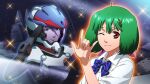  1boy 1girl ;) \m/ ahoge game_cg green_hair hair_between_eyes hair_ornament hairclip macross macross_frontier macross_frontier:_sayonara_no_tsubasa official_art one_eye_closed pilot_suit ranka_lee red_eyes salute saotome_alto school_uniform short_hair smile uta_macross_sumaho_deculture 