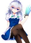  1girl arm_support bangs between_fingers blue_dress blue_eyes blush bow braid breasts brown_legwear crossed_legs dress eyebrows_visible_through_hair feet_out_of_frame frills green_bow hair_between_eyes hair_bow hair_ribbon hand_up highres holding holding_knife iridescent izayoi_sakuya knife long_hair looking_at_viewer maid_headdress medium_breasts pantyhose parted_lips puffy_short_sleeves puffy_sleeves ribbon short_sleeves side_braids silver_hair simple_background solo throwing_knife tomoe_(fdhs5855) touhou tress_ribbon twin_braids weapon white_background wing_collar 