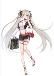  1girl alternate_costume azur_lane bag black_footwear black_ribbon black_shorts cross cross_earrings earrings eyebrows_visible_through_hair formidable_(azur_lane) full_body grey_hair hair_ornament hair_ribbon handbag heart heart_hair_ornament high_heels highres holding holding_bag jewelry k12io long_hair red_bag red_eyes ribbon see-through_sleeves short_shorts short_sleeves shorts solo spiked_bag spiked_thighlet twintails very_long_hair 