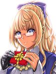  1girl bangs blonde_hair blue_bow blue_eyes bow box bright_pupils english_commentary eyebrows_behind_hair glasses hair_behind_ear hair_bow holding holding_box long_hair looking_at_viewer marica_bellerose mechanical_arms myholo_tv single_mechanical_arm smile solo substance20 upper_body valentine virtual_youtuber white_background white_pupils yellow_bow 