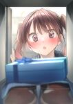  1girl :o absurdres blurry blurry_background blurry_foreground blush box brown_hair commentary depth_of_field eyebrows_visible_through_hair gift gift_box gradient_hair highres multicolored_hair original rinku_(rin9) shoe_locker solo twintails two-tone_hair white_day 