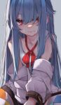  1girl absurdres blue_hair closed_mouth collarbone commentary_request eyebrows_visible_through_hair grey_background hair_between_eyes highres hinanawi_tenshi long_hair looking_at_viewer red_eyes red_neckwear red_ribbon ribbon simple_background solo sweatdrop touhou tsune_(tune) 