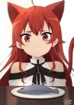  1girl ahoge animal_ears bangs bare_shoulders cat_ears cat_tail closed_mouth collarbone dated drooling eris_greyrat fish hair_intakes long_hair looking_at_viewer mushoku_tensei neki_(wakiko) plate red_eyes redhead saliva shiny shiny_hair simple_background solo table tail tail_raised upper_body 