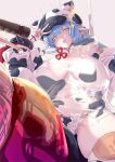  1girl animal_print bangs blue_hair bra breasts cabbie_hat collar cow_print draph earrings eyebrows_visible_through_hair fingernails from_above granblue_fantasy grey_background ground_vehicle hair_between_eyes hat hoop_earrings horns huge_breasts ion_(cation) jewelry long_hair looking_at_viewer midriff motor_vehicle motorcycle navel open_fly pointy_ears sagging_breasts see-through shaded_face shatola_(granblue_fantasy) simple_background sitting sitting_on_object skindentation solo sparkle star_(symbol) stomach thick_thighs thigh-highs thighs thong tongue tongue_out unbuttoned underwear v white_bra white_collar wide_sleeves 
