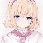  1girl alice_margatroid bangs blonde_hair blue_eyes blush capelet closed_mouth eyebrows_visible_through_hair grey_background hair_between_eyes hairband light_smile looking_at_viewer nanase_nao pink_hairband pink_neckwear short_hair simple_background solo touhou white_capelet 