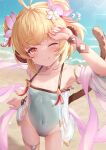 1girl ;q ahoge andira_(granblue_fantasy) animal_ears bangs beach blonde_hair blush commentary_request erune eyebrows_visible_through_hair flower granblue_fantasy hair_flower hair_ornament hand_up highres kimblee leg_garter looking_at_viewer monkey_ears monkey_tail one-piece_swimsuit one_eye_closed red_eyes sand short_hair solo sunlight swimsuit tail thighs tongue tongue_out wet 