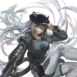  animal_ears arknights cat_ears cat_girl cat_tail clay_(clayjun) crossbow grey_hair hat highres holding holding_weapon long_hair looking_at_viewer military military_hat military_uniform schwarz_(arknights) schwarz_(skyline)_(arknights) solo tail uniform weapon yellow_eyes 