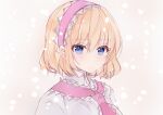  1girl alice_margatroid bangs blonde_hair blue_eyes blush brown_background capelet closed_mouth eyebrows_visible_through_hair hair_between_eyes hairband looking_at_viewer nanase_nao pink_hairband pink_neckwear solo touhou upper_body white_capelet 