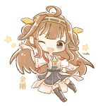 1girl ahoge bangs blush brown_hair character_name chibi detached_sleeves double_bun frilled_skirt frills grey_eyes hand_on_hip headgear highres japanese_clothes kantai_collection kongou_(kancolle) long_hair long_sleeves nada_namie one_eye_closed open_mouth ribbon-trimmed_sleeves ribbon_trim signature simple_background skirt solo star_(symbol) thigh-highs white_background wide_sleeves 